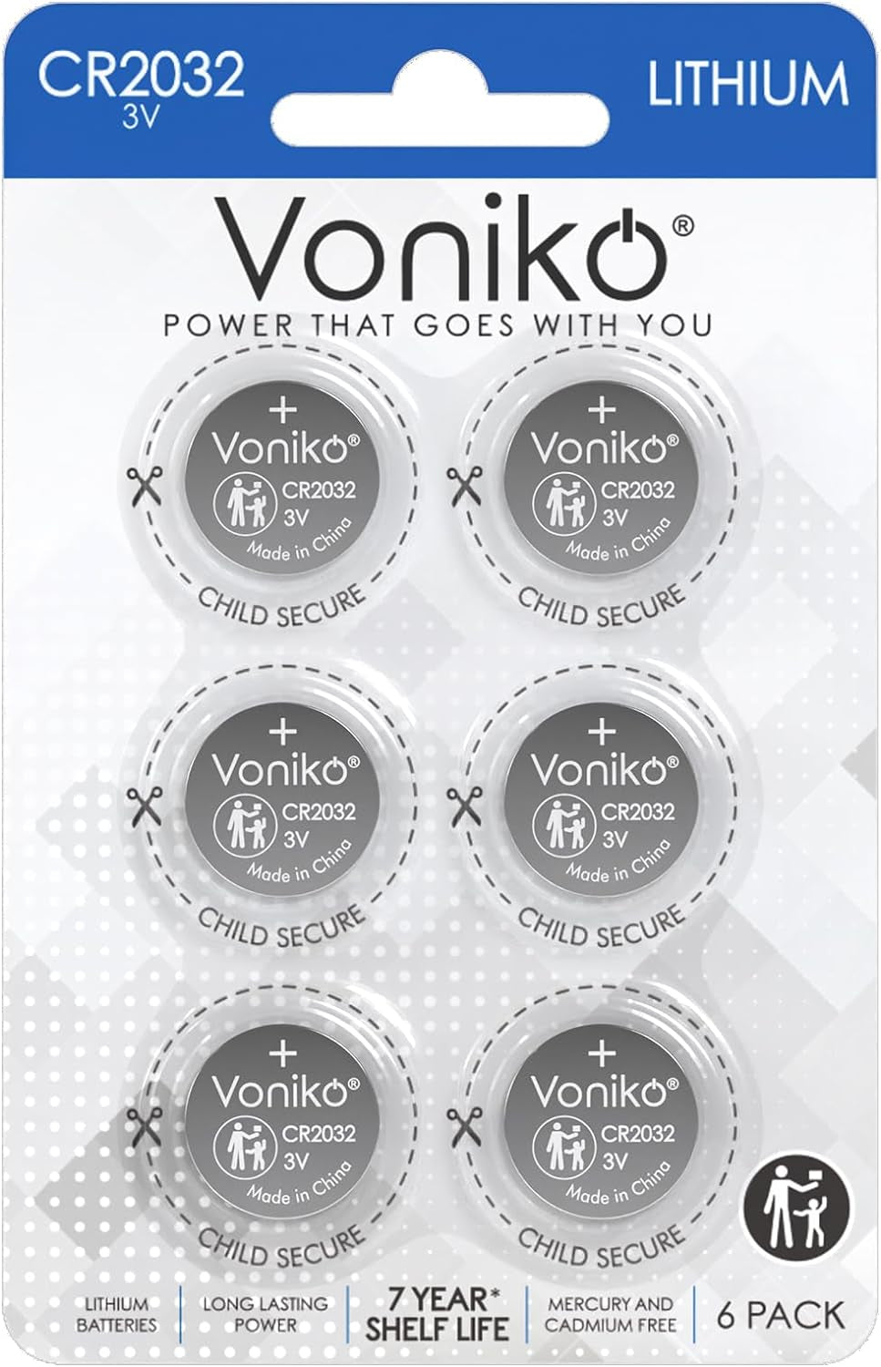 CR2032 3V Lithium Batteries 6 Pack for Child Safety, Compatible with Airtag, Key Fobs, Thermometers, Scales – 7 Years Shelf Life